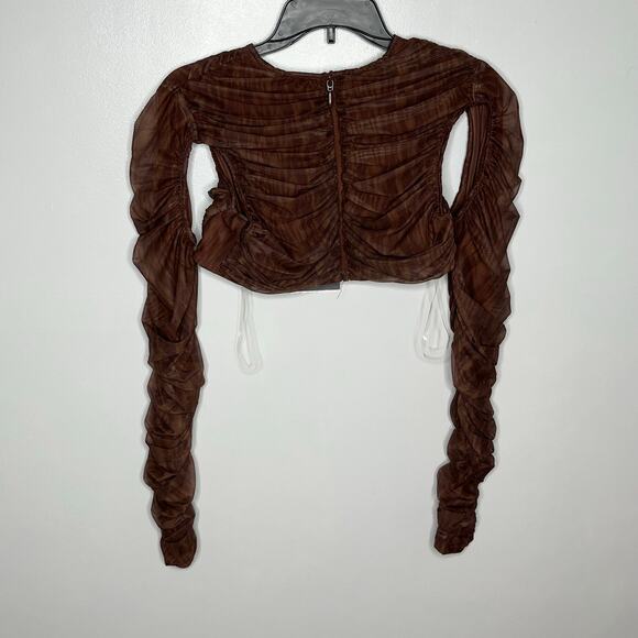 House Of Cb Womens Blythe Mesh Top Large Brown Ruched Cutout Cropped - Picture 10 of 12